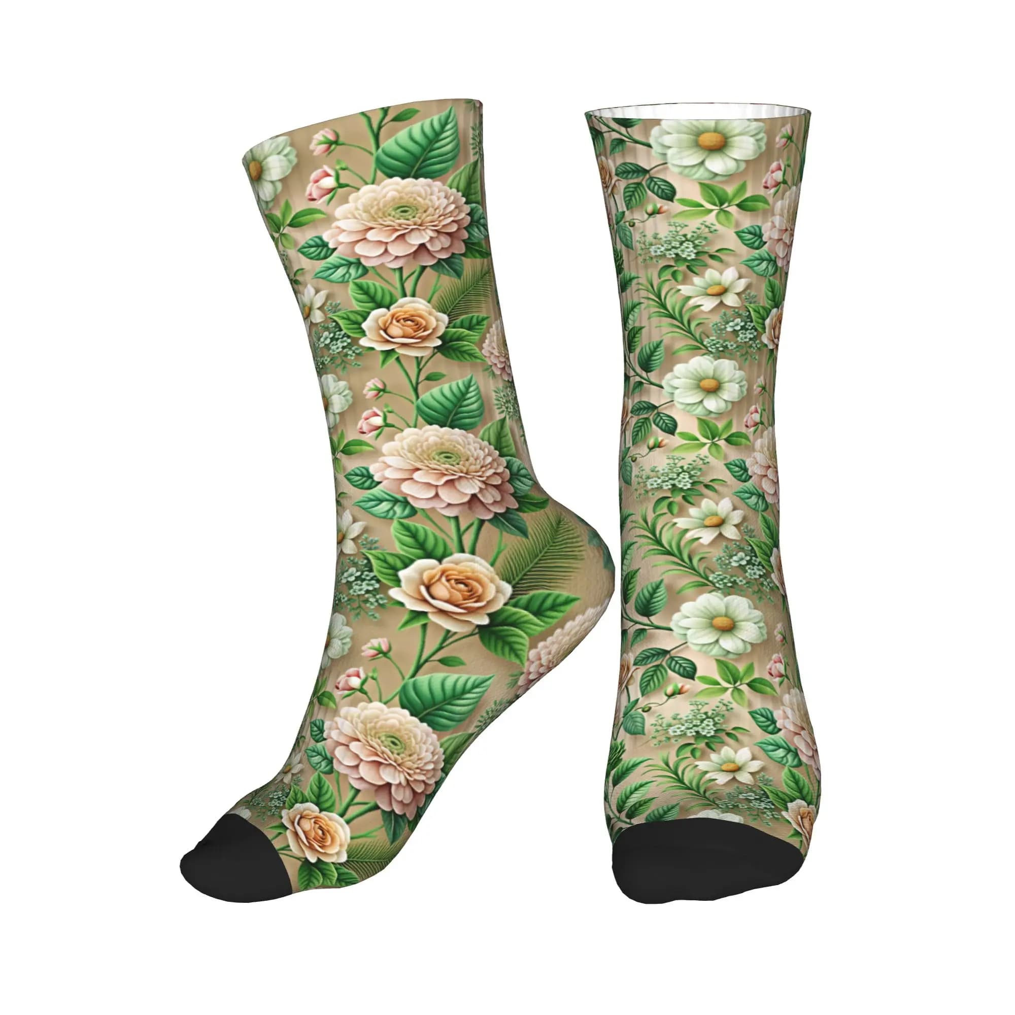 Cute Mens Light Beige 3D Embossed Mixed Peach Floral Dress Socks Unisex Comfortable Warm 3D Printing Crew Socks