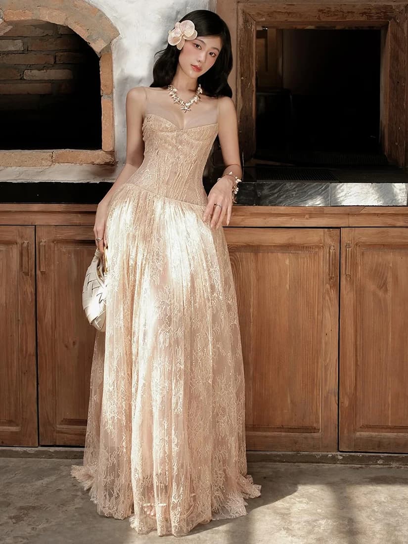 SylCue Heavyweight Lace Slimming V-neck Strapless Evening Dress Long Gown Sexy Summer High Waist Polyester Blend No Sleeve