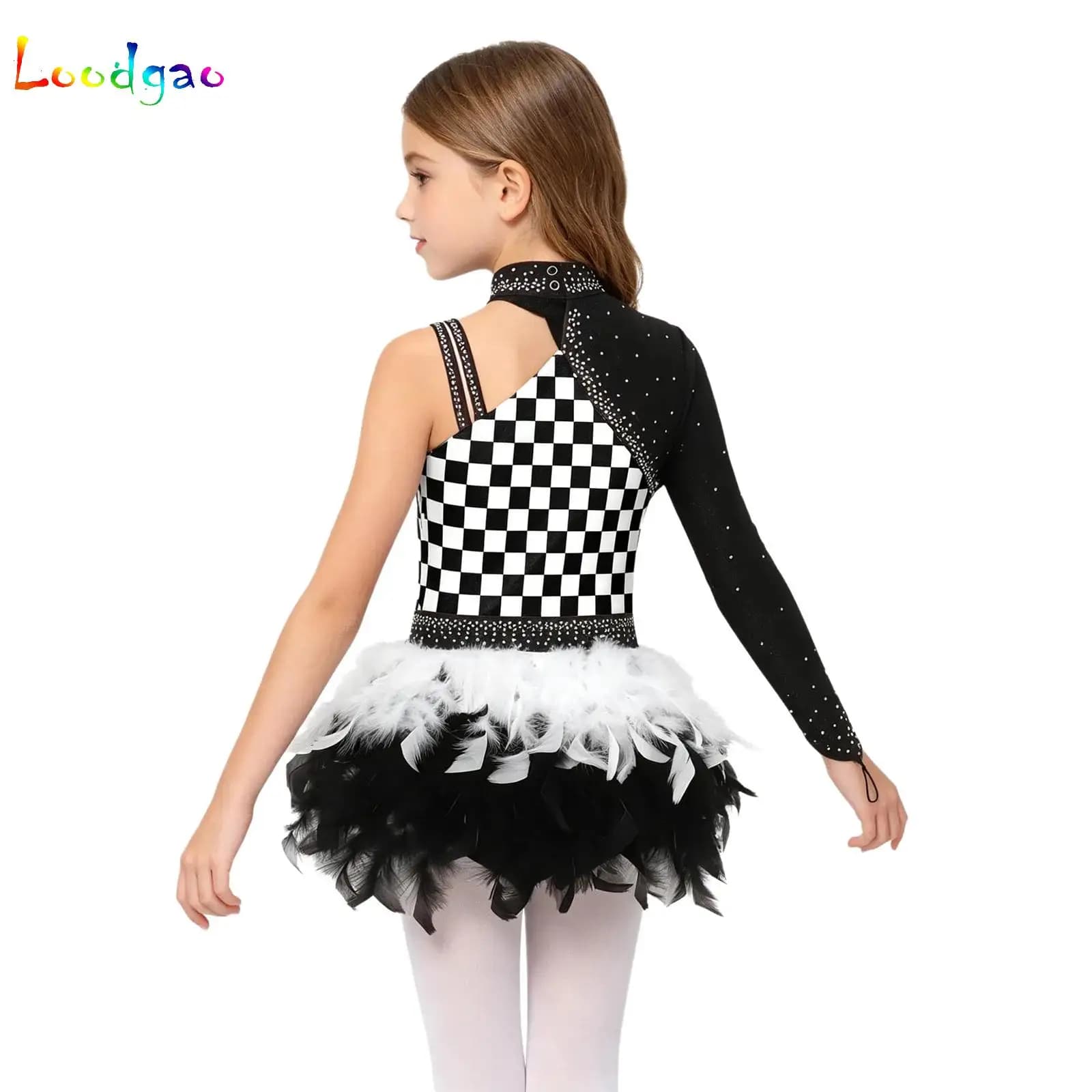 Vestito da ballo per bambine con strass scintillanti, manica asimmetrica e gonna a piume, body per esibizioni e gare di danza lirica