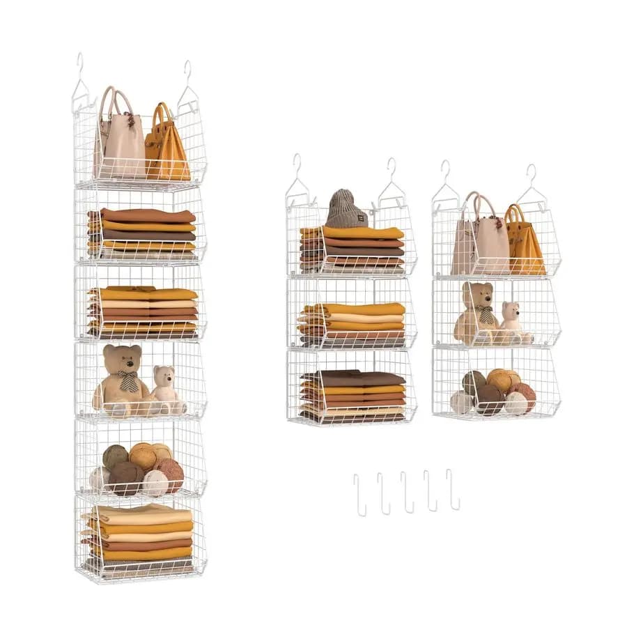 6-level hanging organizer for wardrobe, coat racks with 4 hooks and 5 hooks, metal wire holder baskets, for clothing