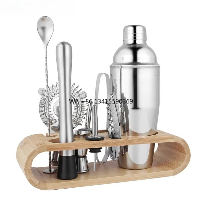 DEWEISI Shaker per vino Supporto in legno Accessori da 10 pezzi con tazza di oncia Colino per ghiaccio Tong bar Attrezzatura Set frullatore per cocktail