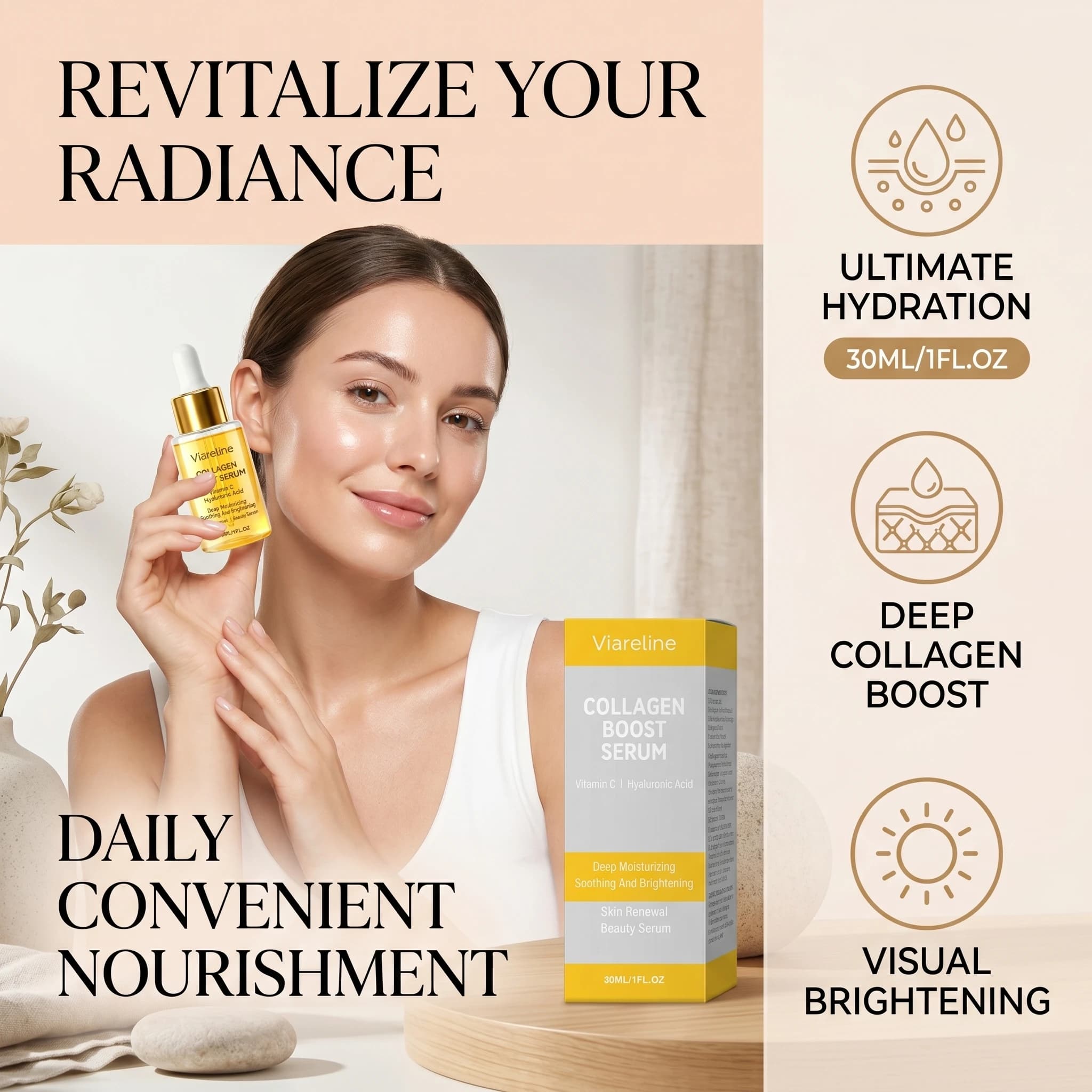 Viareline Siero Collagen Boost Antirughe Illuminante Viso Idratante Profondo Essenza Rivitalizzante al Collagene e Vitamina C
