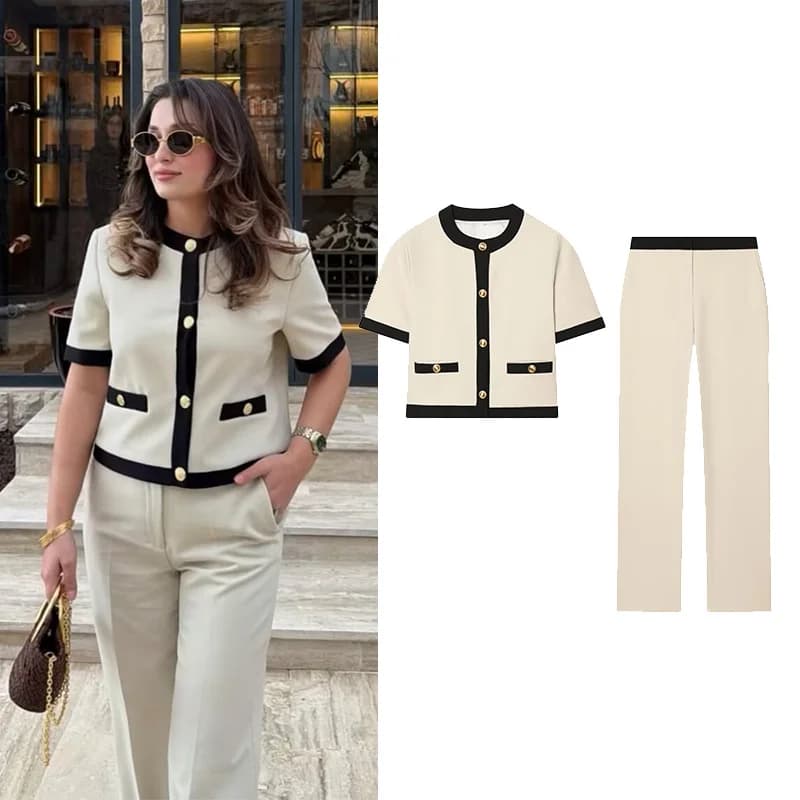 Women's High-Waist Pants Set New 2026 Casual O Neck Short Sleeve Belt Blazer Trousers with Contrast Waistband Female Outfit