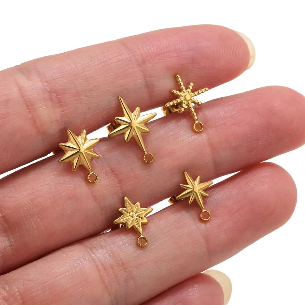 6 pcs. Stainless Steel Star Earrings for Creation Jewelry, Tools for Earrings Plated Gold PVD 18k, Pins for Piercing, Jewellery Components