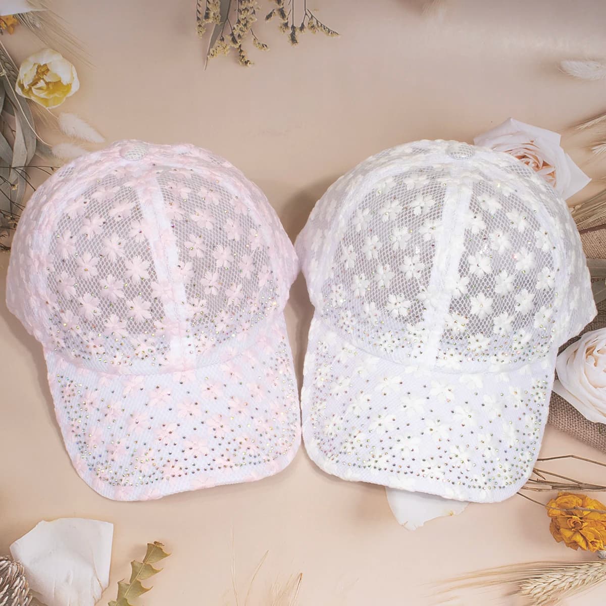 Cappellino da Baseball con Fiori in Pizzo e Strass Lucidi, Traspirante e Regolabile, per Donna, Primavera-Estate