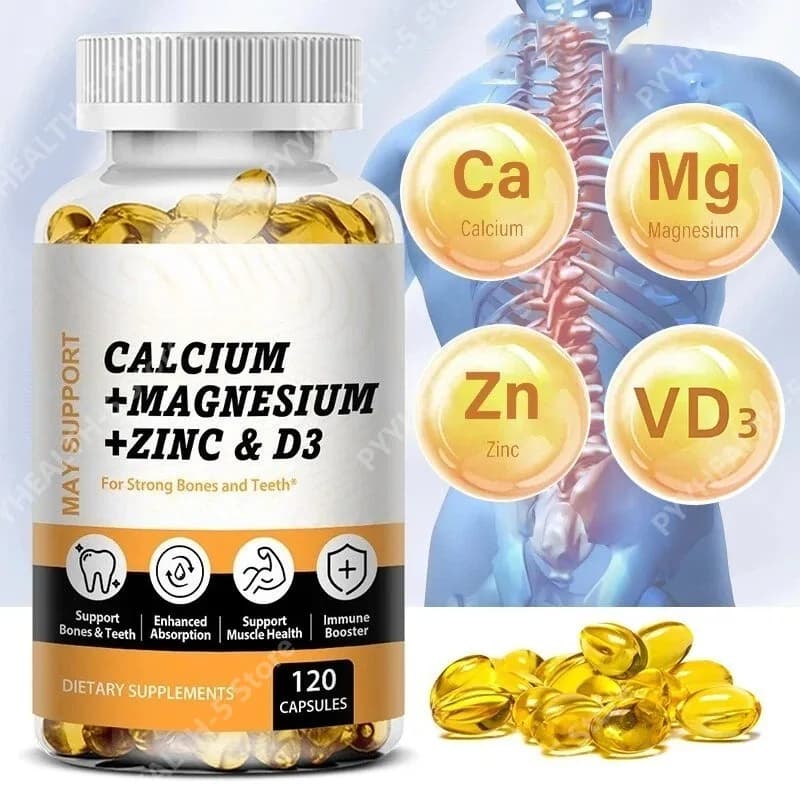 Capsule Morbide di Calcio, Magnesio e Zinco con Vitamina D3, Integratore per il Benessere Quotidiano, 120 Capsule Facili da Sfarzagliare