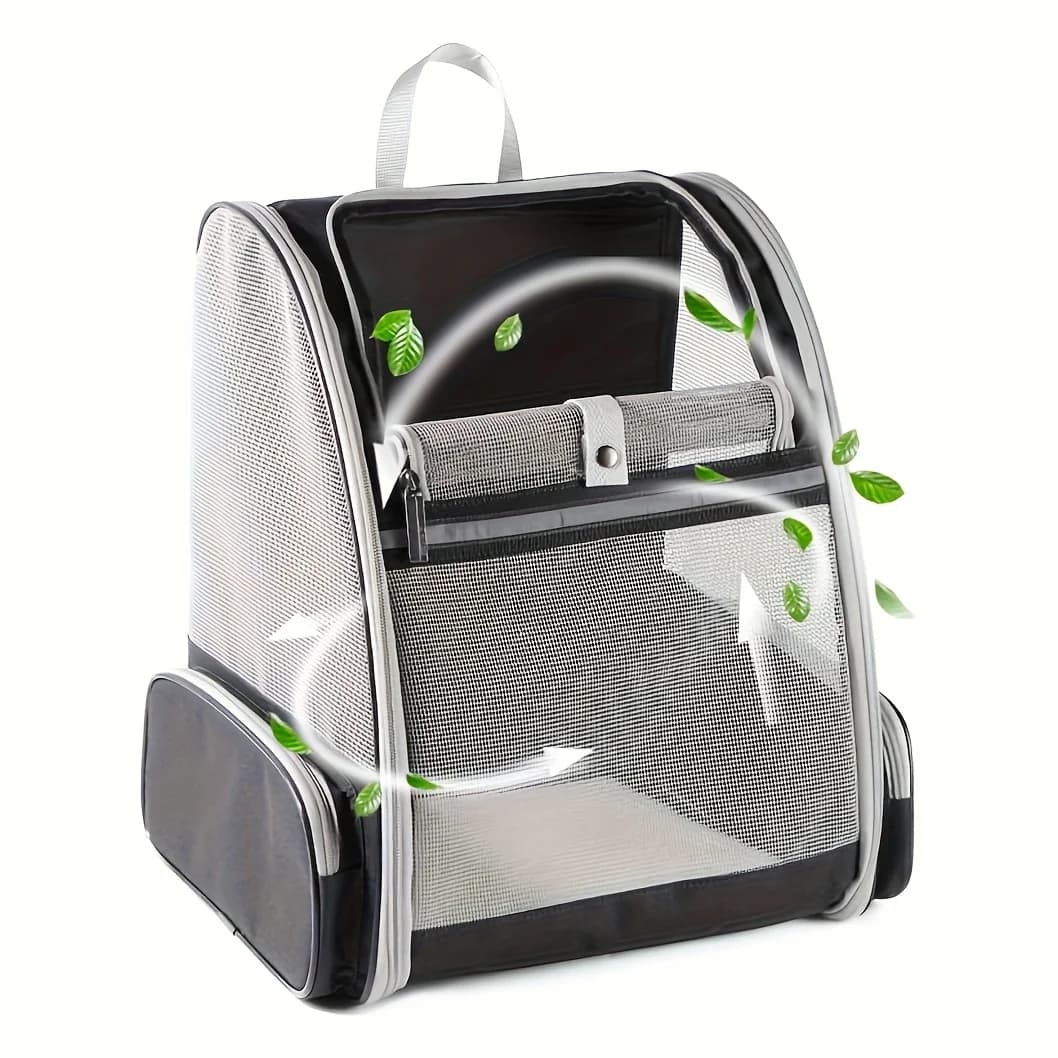 A foldable ventilated pet backpack portable bag, equipped with a ventilation system and a safety belt system, suitable for travel, hiking, and driving—a pet transport bag compatible with outdoor travel scenarios such as airplanes, trains, and vehicles
