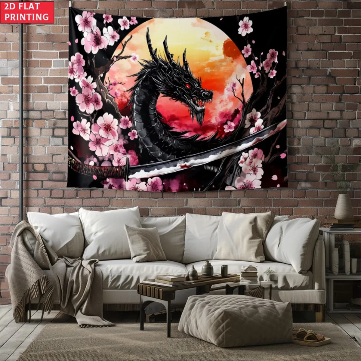 Japanese Dragon Cherry Blossom Tapestry Samurai Sword Moon Background Wall Art Asian Oriental Decor Living Room Bedroom Art