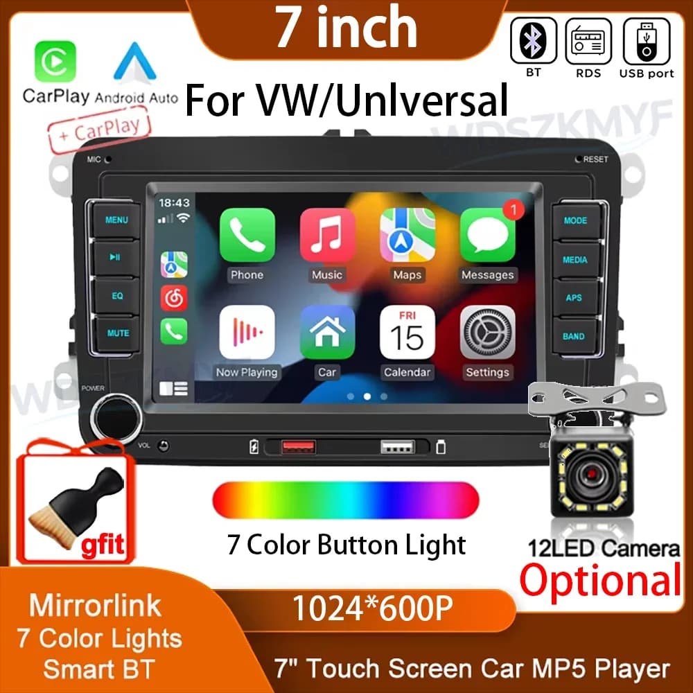 7 Inch Double DinTouch Screen Car Multimedia Player Fro VW Passat Golf Caddy Polo Wireless CarPlay Android Auto Bluetooth FM RDS