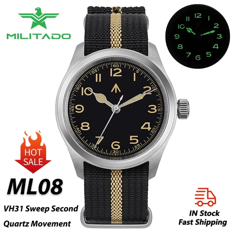 Militado ML08 Field Watch VH31 Sweep Secondo movimento al quarzo Doppio cristallo di zaffiro C3 BGW-9 Orologi luminosi impermeabili da 38 mm