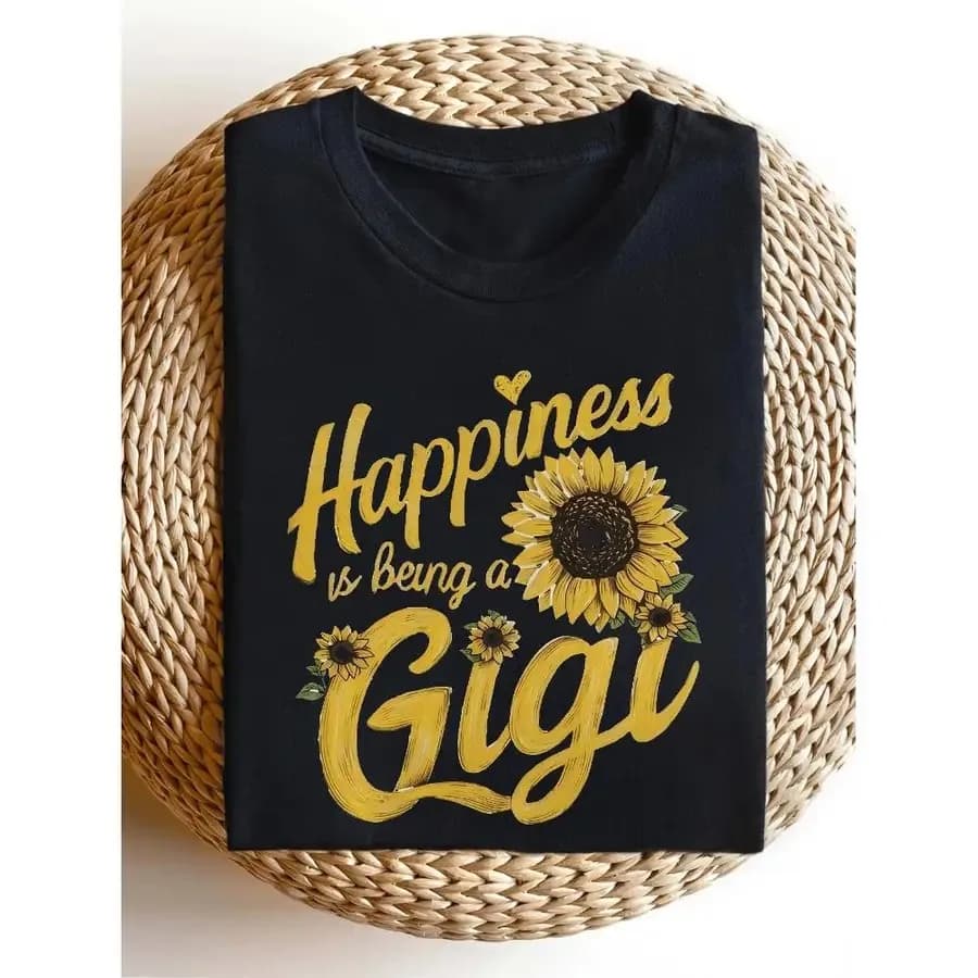 【Nuovo stile】T-shirt Sunflower "Happiness Is Being Gigi" - Camicetta casual a maniche corte con stampa Gigi lavabile in lavatrice Holida