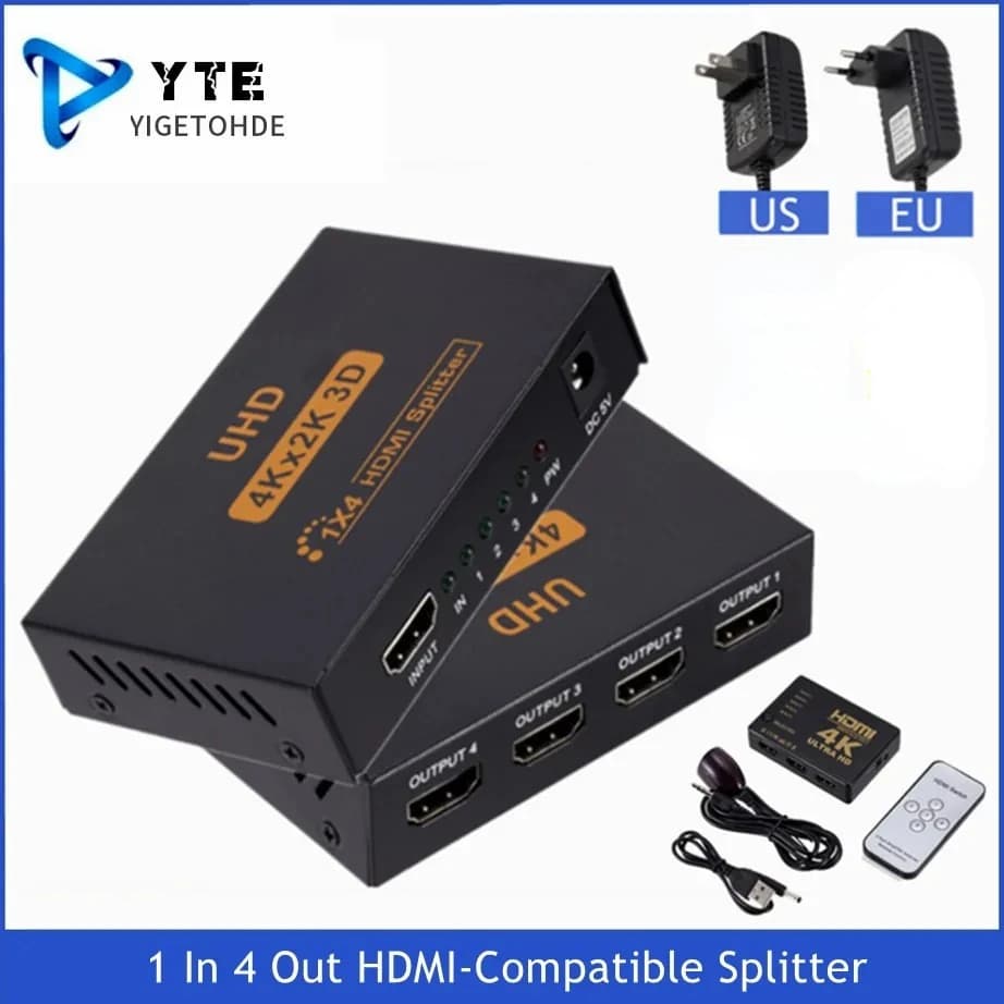 Muslimhd 3D 4k 1 In 4 Out Video Amplifier Adapter Compatible with HDMI Splitter 5 In 1 Out Switcher for 1080P HDTV DVD PS3 XBOX