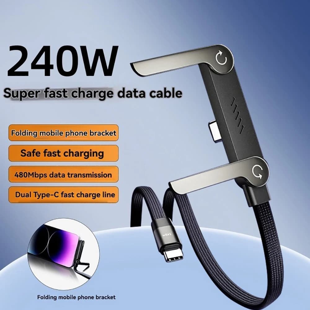 240W Type C Fast Charging Cable 2 in 1 Type C to Type C Desktop Foldable Bracket Data Cable USB Charging Wire For iPhone Samsung