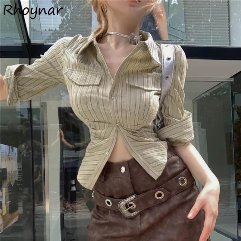 Women's American Retro Shirts Long Sleeve Overturned Collar Slimming Top Fashion Basic Striped Fashion Casual All-match College