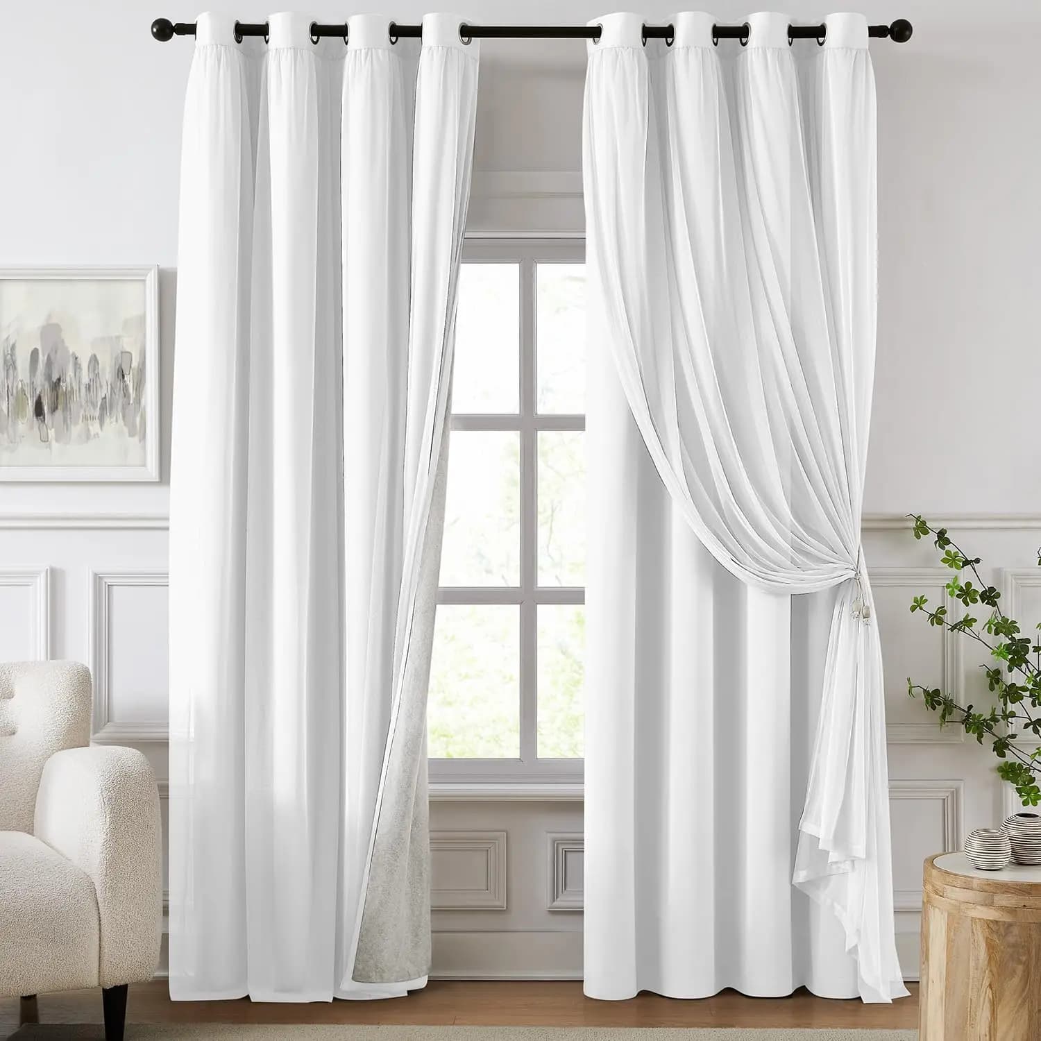 Double Layer Blackout Curtains 84 inch Long with Sheer Overlay for Living Room, Grommet Window Drapes 52"W x 84"L