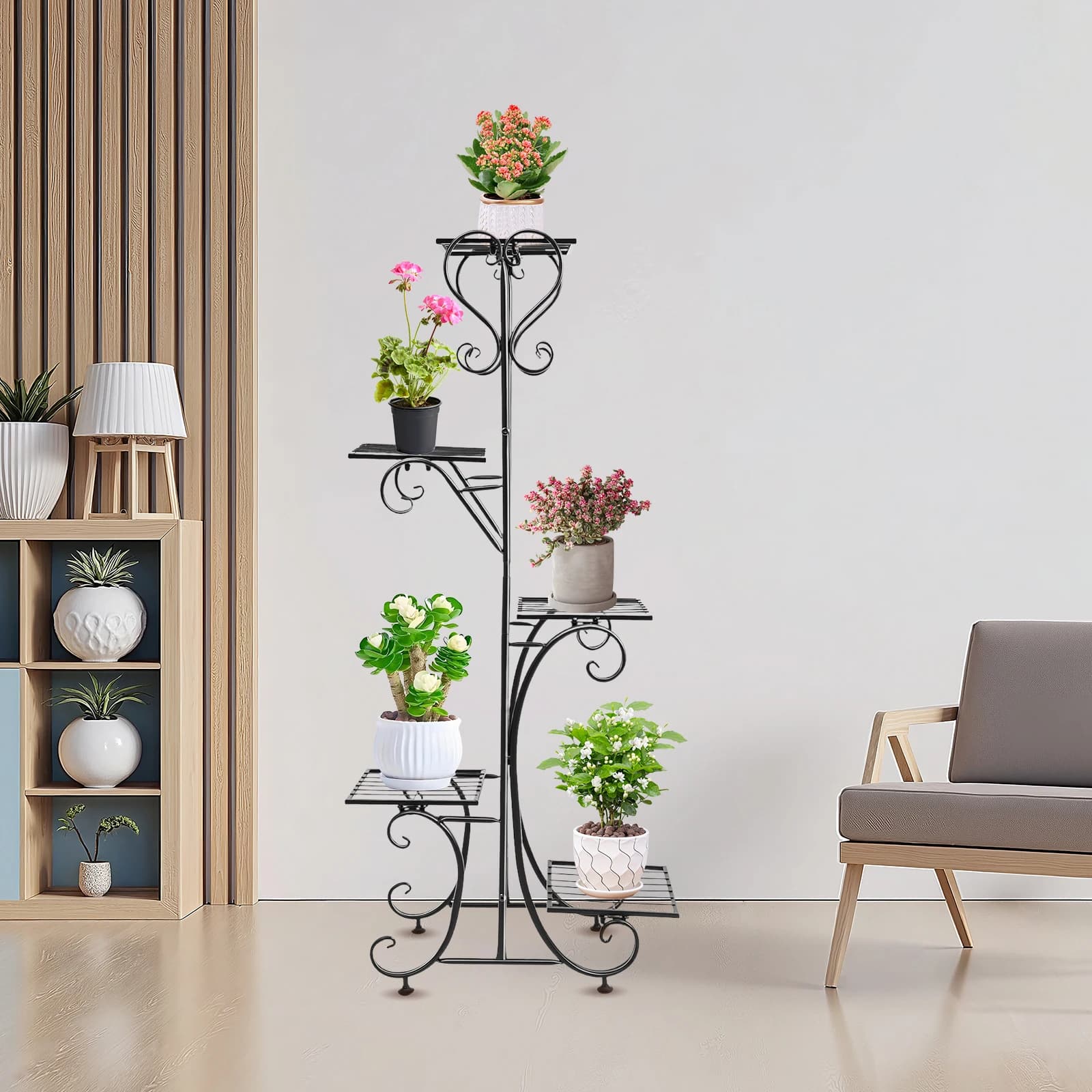 Supporto per piante in metallo nero a 5 livelli - Espositore per vasi da fiori con vassoi cavi, 2205 libbre/livello per balcone interno, giardino, decorazioni per la casa