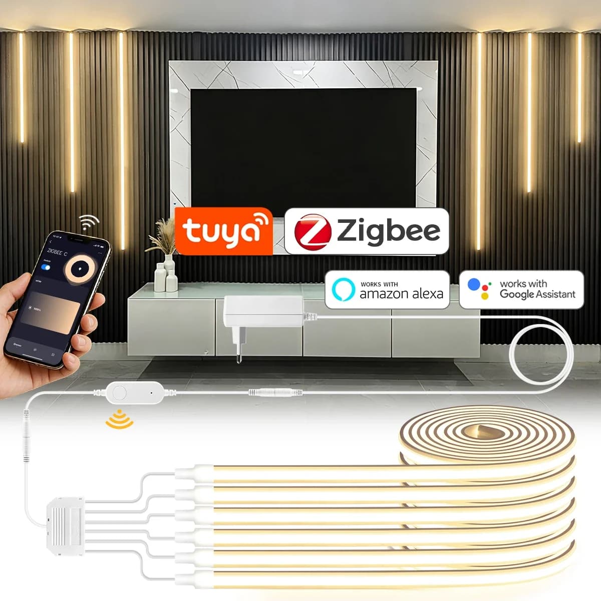 Striscia LED COB Zigbee 24V Dimmerabile Controllabile tramite App Tuya Smart Life, Luce al Neon 280LED per Decorazione Pareti e Mobili da Cucina