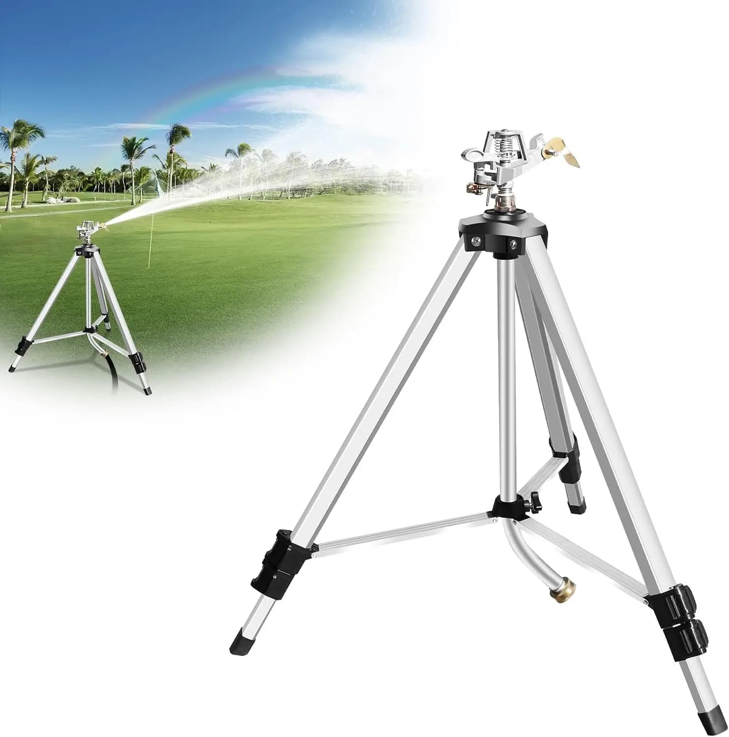 Heavy Duty Impact Sprinkler on Tripod Base, 36" Adjustable, 360° Rotation, Waters Up to 80 Ft, Brass Nozzle for Large Yard