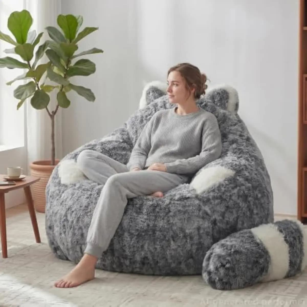 Oversized ergonomic bean bag sofa with raccoon-inspired silhouette featuring detachable tail pillow lumbar support adjustable he