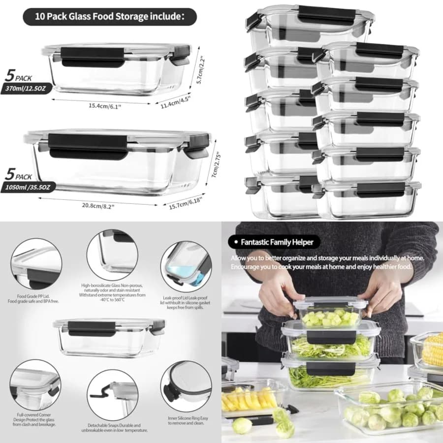 Contenitori in Vetro per Alimenti con Coperchi Ermetici, Contenitori in Vetro per Preparazione Pasti con Coperchi a Scatto, Senza BPA, Facili da Aprire