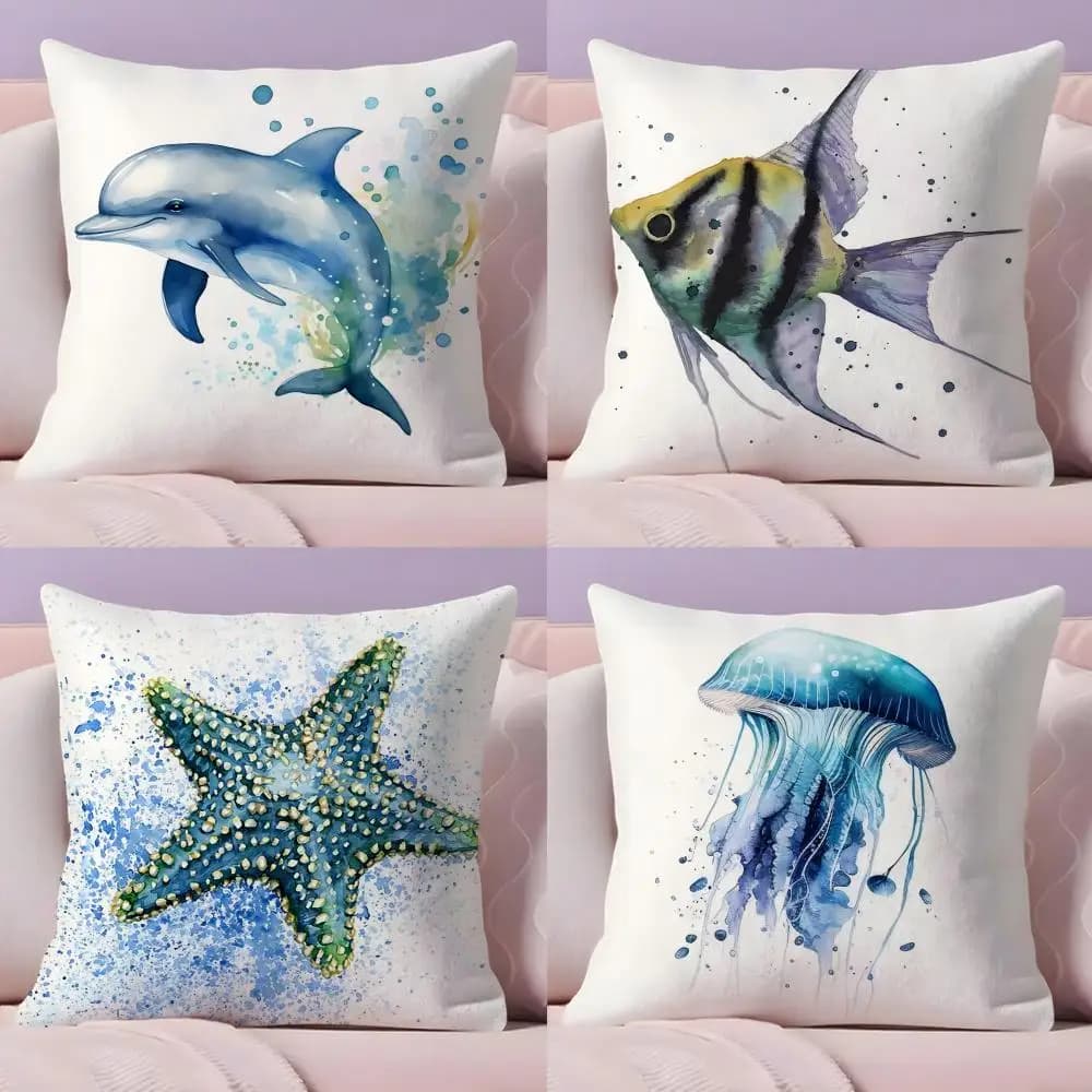 Pillow sheet with marine animals, turtles and corals, soft and in plush, pillowcase with print on both sides for sofa and home decorations