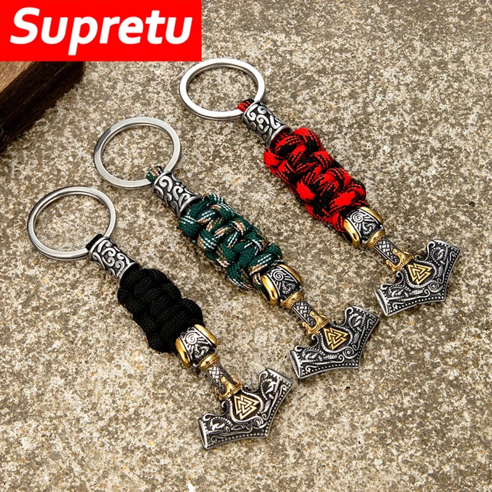 Punk thor's Hammer Survival portachiavi uomo acciaio inossidabile fatto a mano Paracord corda portachiavi amuleto norreno rune gioielli ciondolo auto