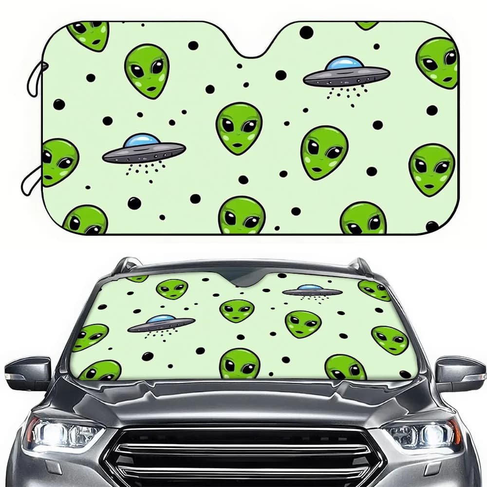 Green Alien Pattern Car Sun Visor Front Windshield Sunshade Easy to Install Suitable for Sedan Universal Car Model Decoration