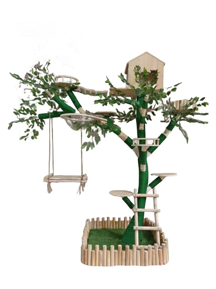 Struttura da arrampicata per gatti a forma di albero, baule vero resistente all'usura, spada verde, corda di canapa, nido per gatti, albero per gatti integrato