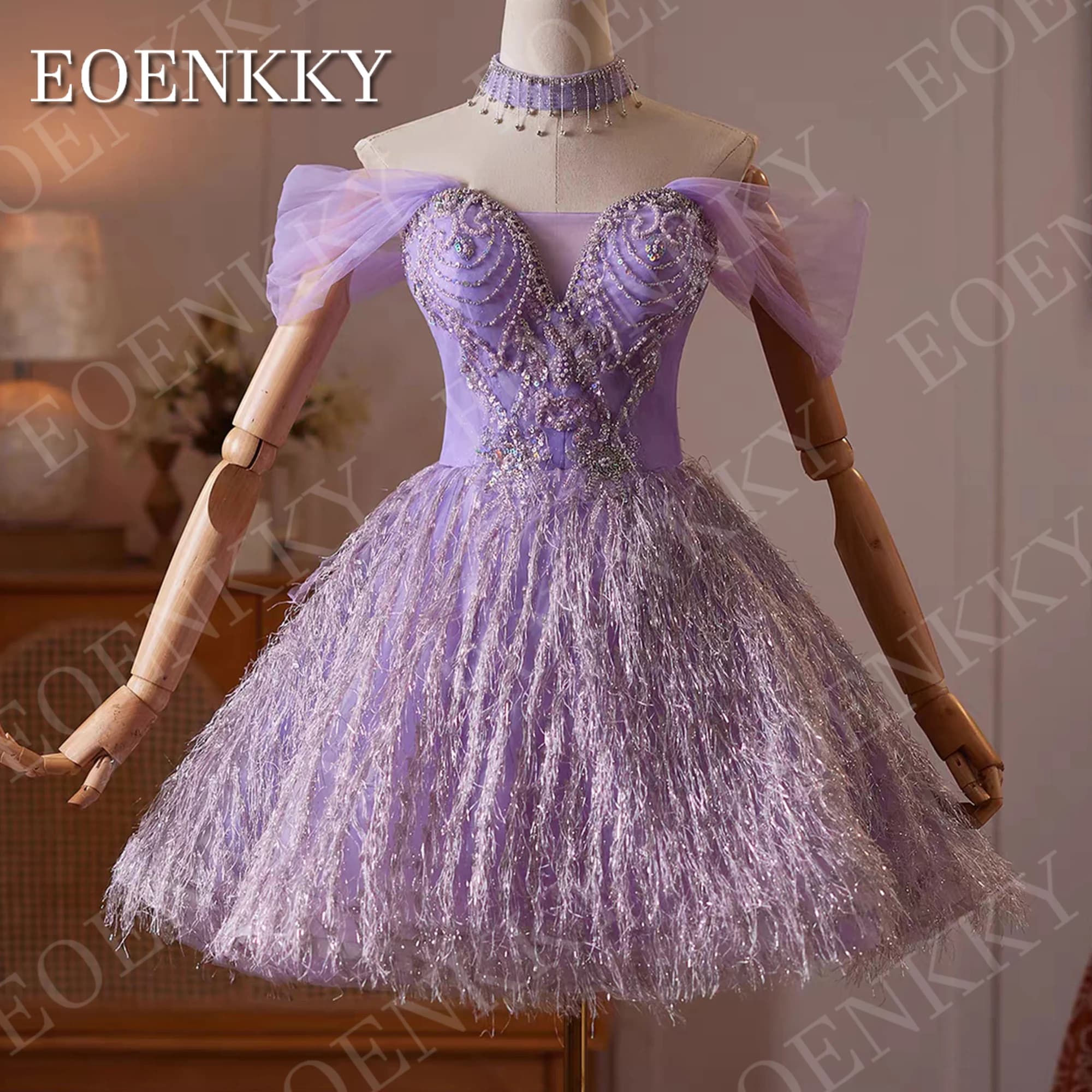 EOENKKY Short Off Shoulder Prom Dress Luxury Purple Mini A Line Tulle Tassel Beaded Sweetheart Formal Party Dresses Customized