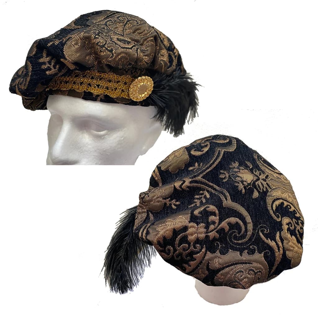 New !!! Medieval 15th Century Renaissance Tudor Elizabethan Revolutionary Black and Gold Brocade Hat Muffin Poet Floppy Hat