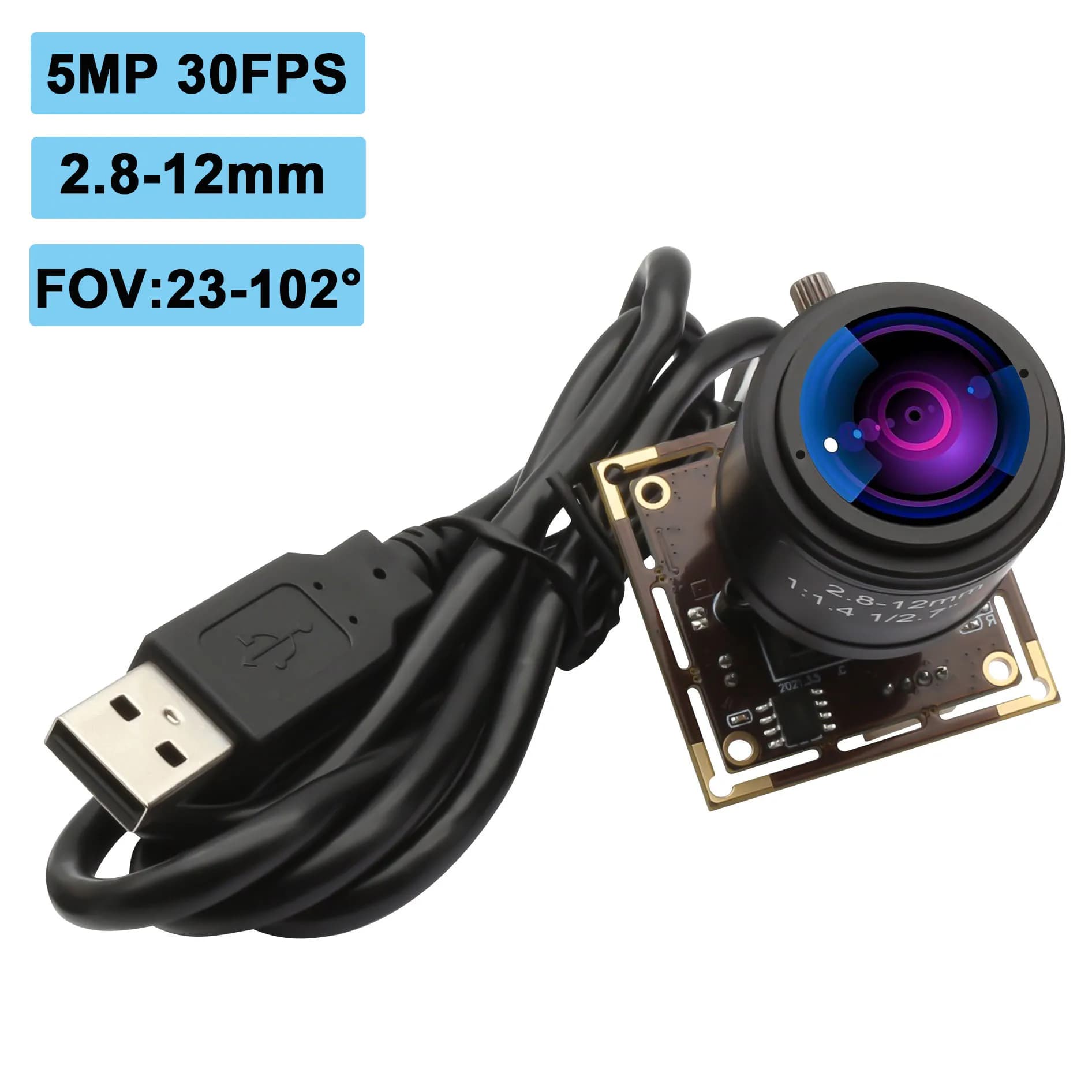 ELP 5MP Wide Angle USB Camera with M12 2.8-12mm Lens Driver Free Plug & Play 5MP 30FPS HD USB Webcam for Video Capture