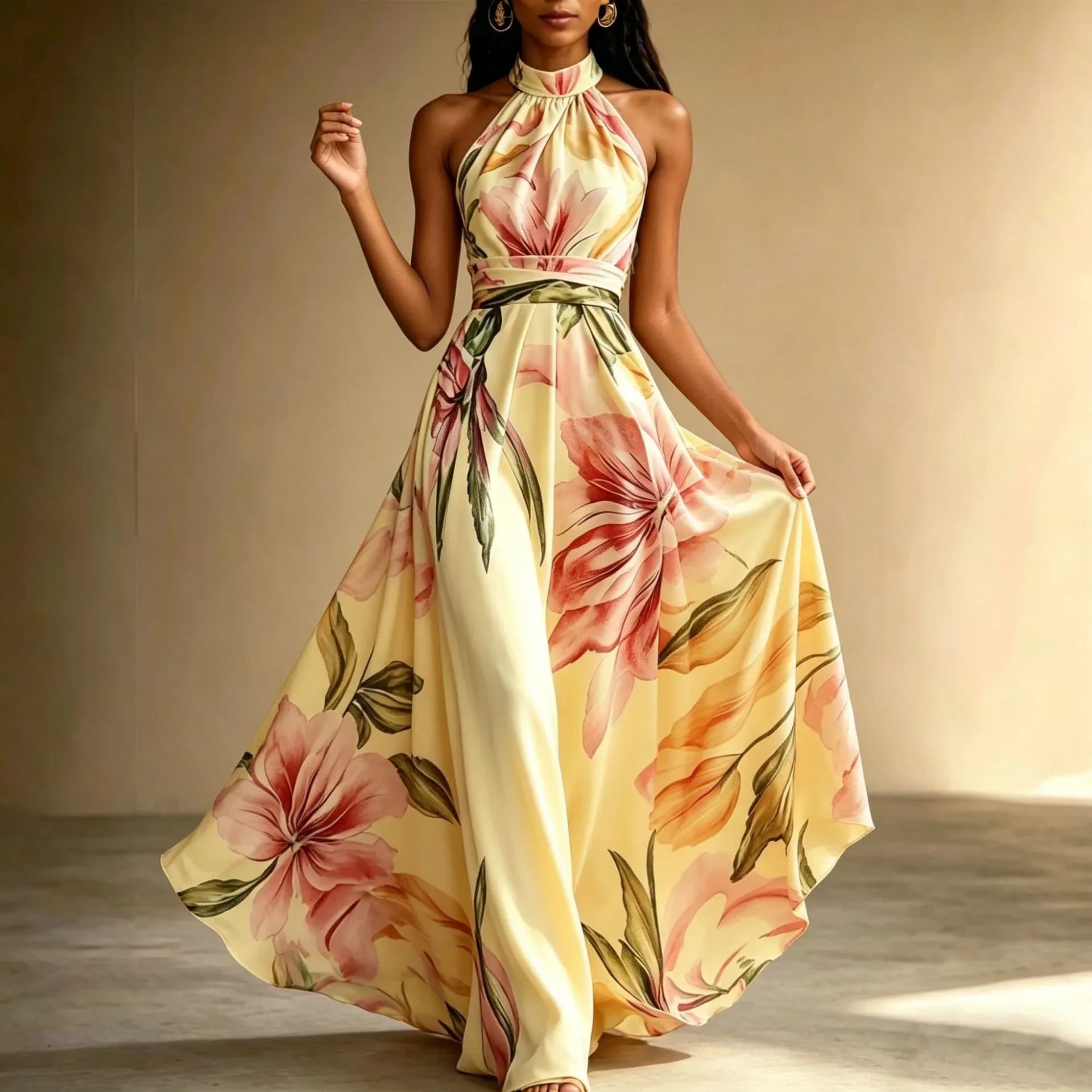 Elegant Printed Maxi Dress with Hanging Neck Design And Flared Skirt for Women Summer 2026 Vacation Style Slimming Polyester ...