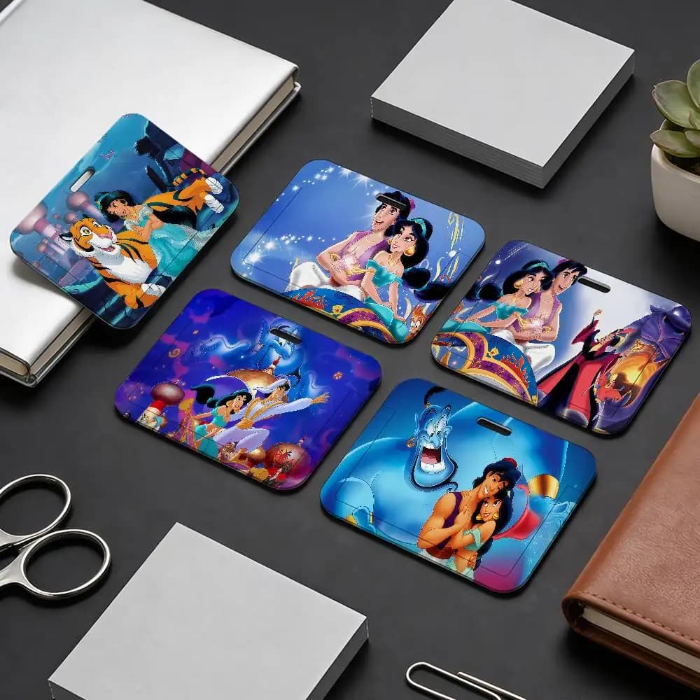 Porta tessere scolastiche, ID, bus, pasto, con custodia protettiva a scorrimento facile, a tema cartoni animati, anime, arte, Aladdin, DN, idea regalo
