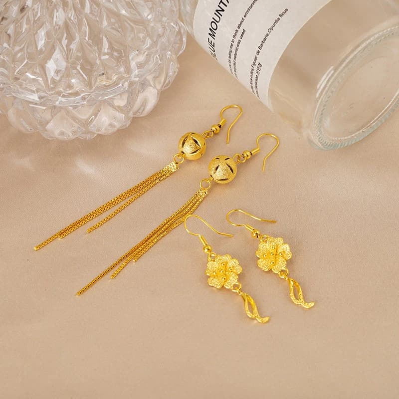 Luxury 24K Au999 Gold Tone Exaggerated Grand Multi-Style Optional Tassel & Floral Long Hook Earrings Women Jewelry