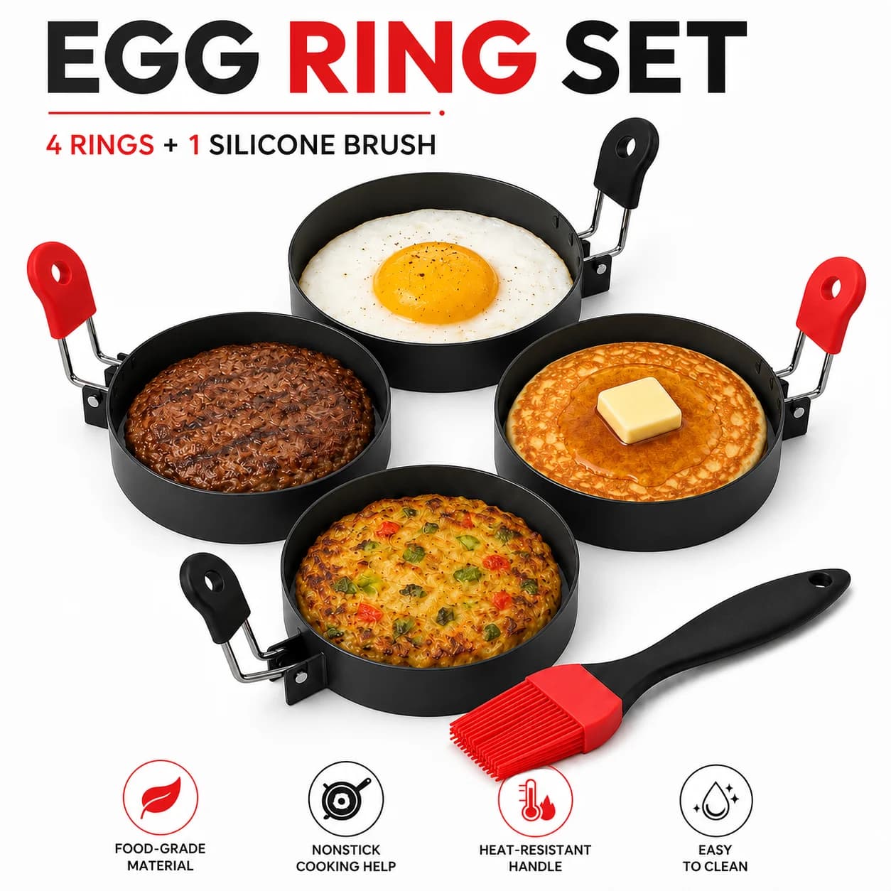 5 Pack Nonstick Round Egg Rings Set with Basting Brush Egg Maker Mold Breakfast Pancake Omelette Cooking Ring Molds Kitchen Tool
