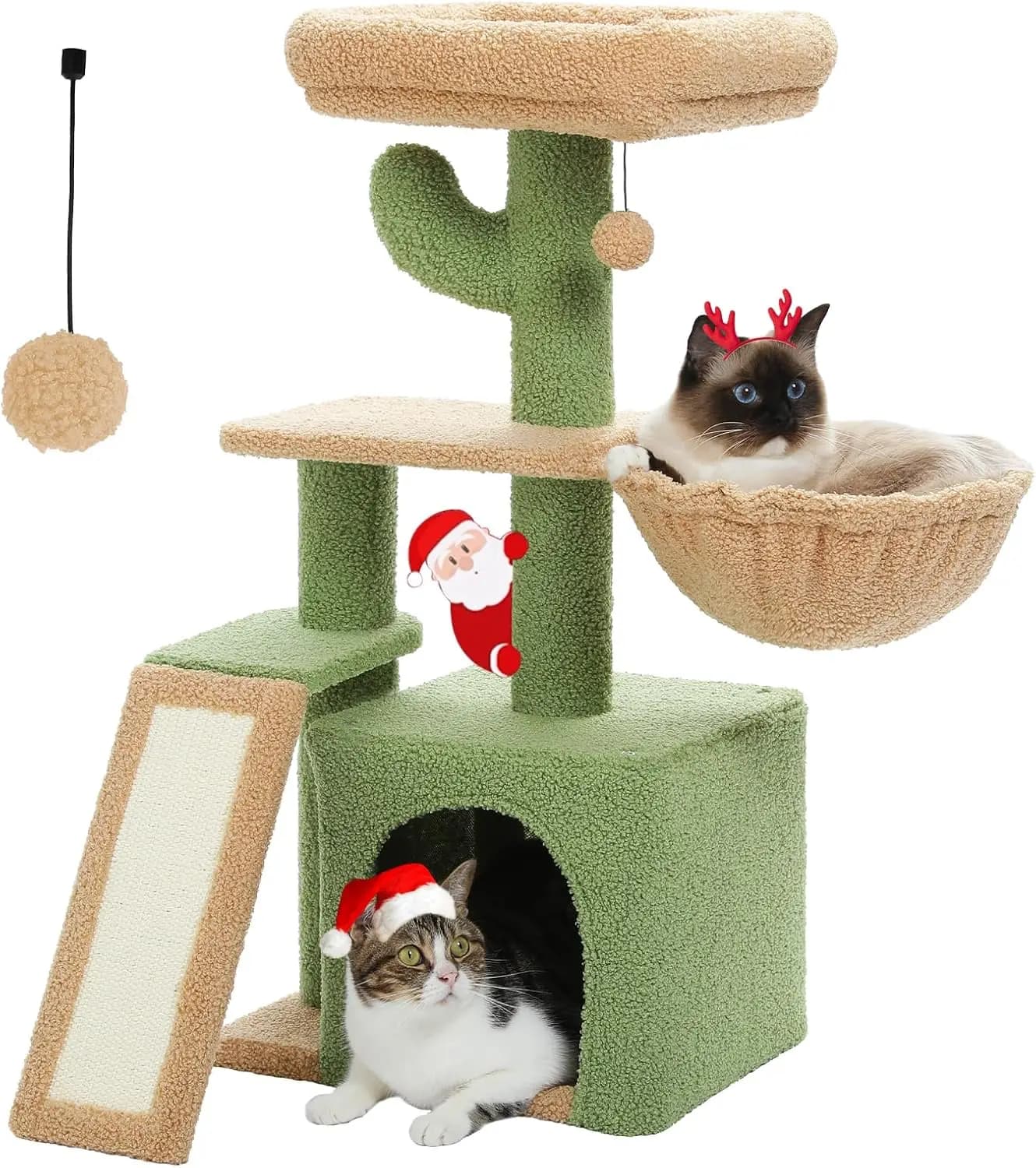 PETEPELA Albero per gatti con cactus da 32 pollici – Condominio piccolo con graffetta, amaca e letto rimovibile – Verde