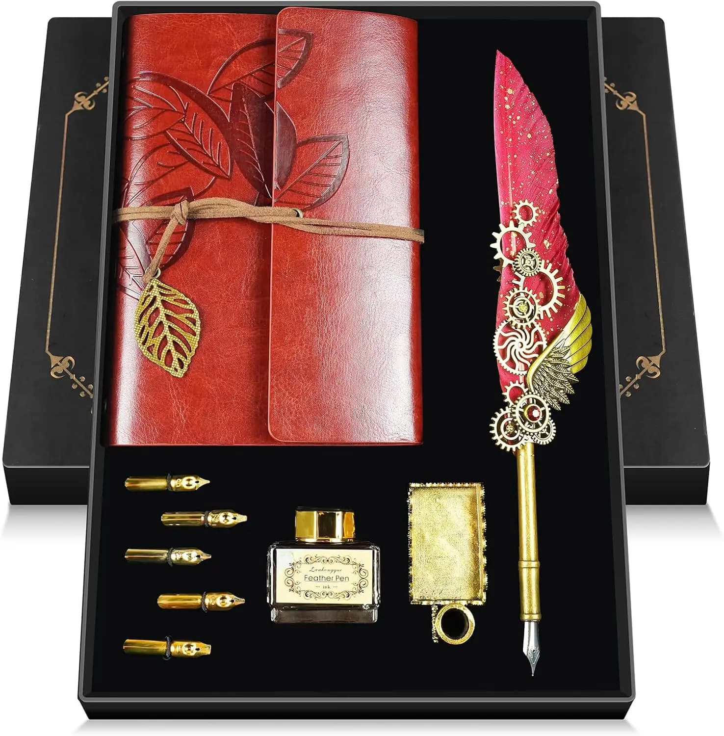 Feather Quill Pen and Ink Set,Antique Calligraphy Set with Leather Journal Notebook,Feather Pen,5 Gold Nibs,Pen Holder,Ink,Calli