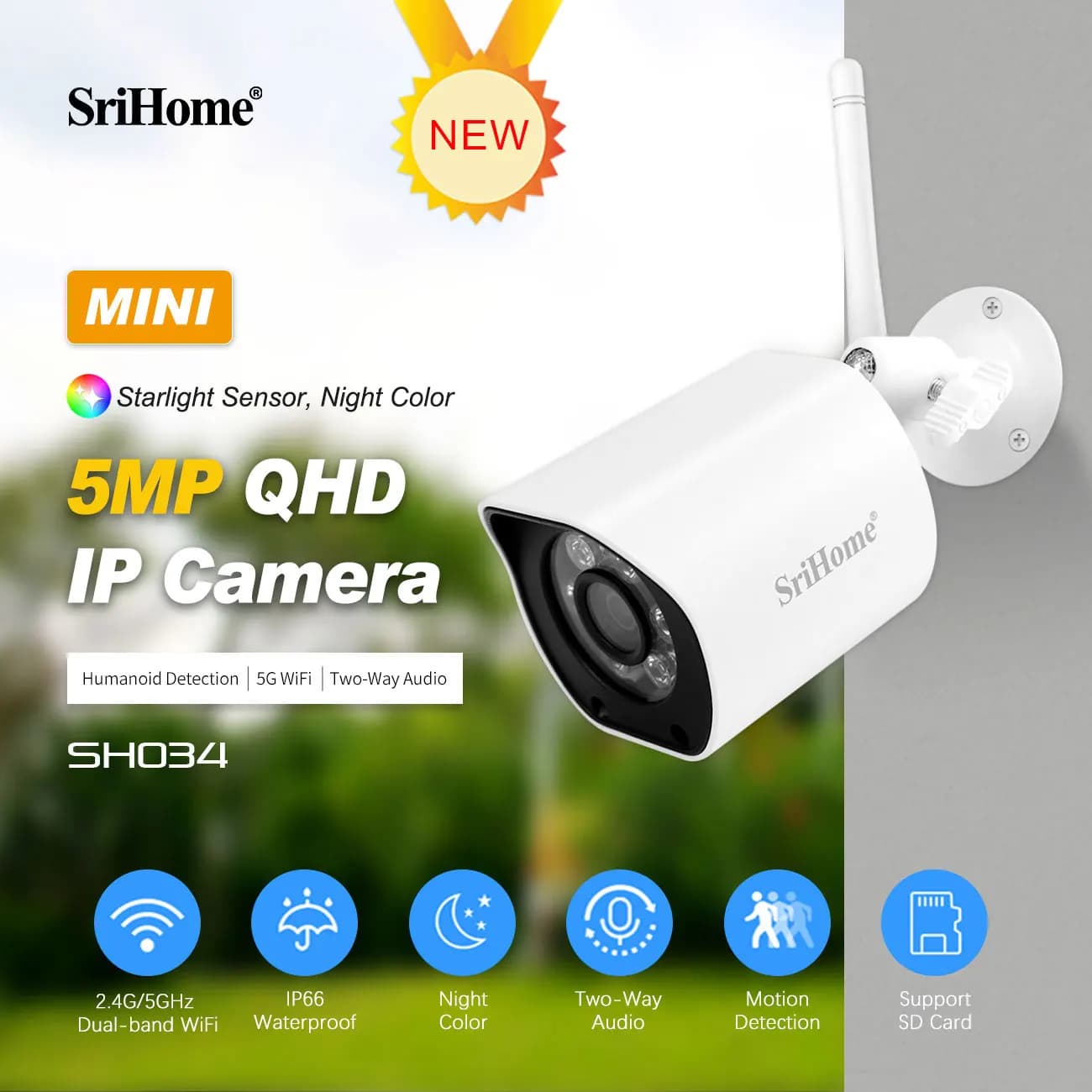 SriHome SH034 5MP QHD 2.4G e 5G WIFI IP Bullet Camera Full Color AI rilevamento umanoide sicurezza domestica CCTV Baby Monitor
