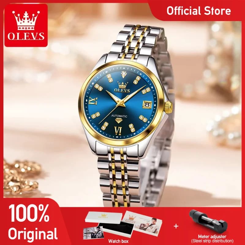 OLEVS 9801 Womens Watch Luxury Fashion Waterproof Automatic Mechanical Watch Stainless Steel Diamond Date Ladies Watch Set
