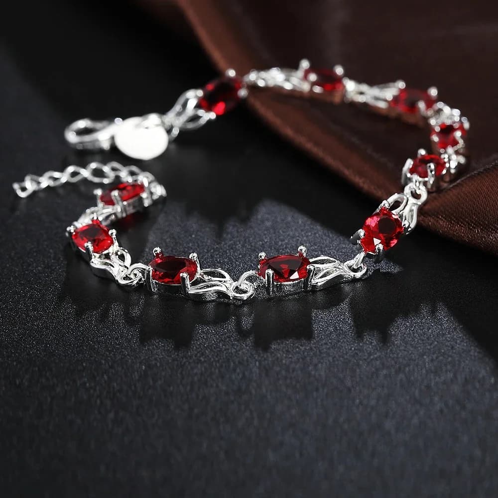 Bracciale in argento sterling 925 con catena di cristallo rosso di lusso vintage per donna Marchi di moda Gioielli Regali di Natale per feste di nozze