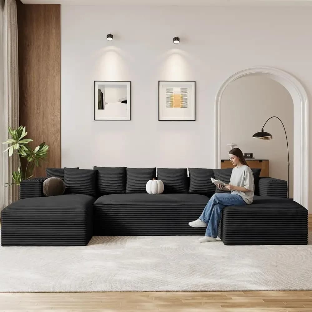 ular Sectional Soa, 131" haped Cloud Couch Plush Corduroy Comy Deep Seat BonelSoas with 8 Pillows Double Chaise Lounge Sectional