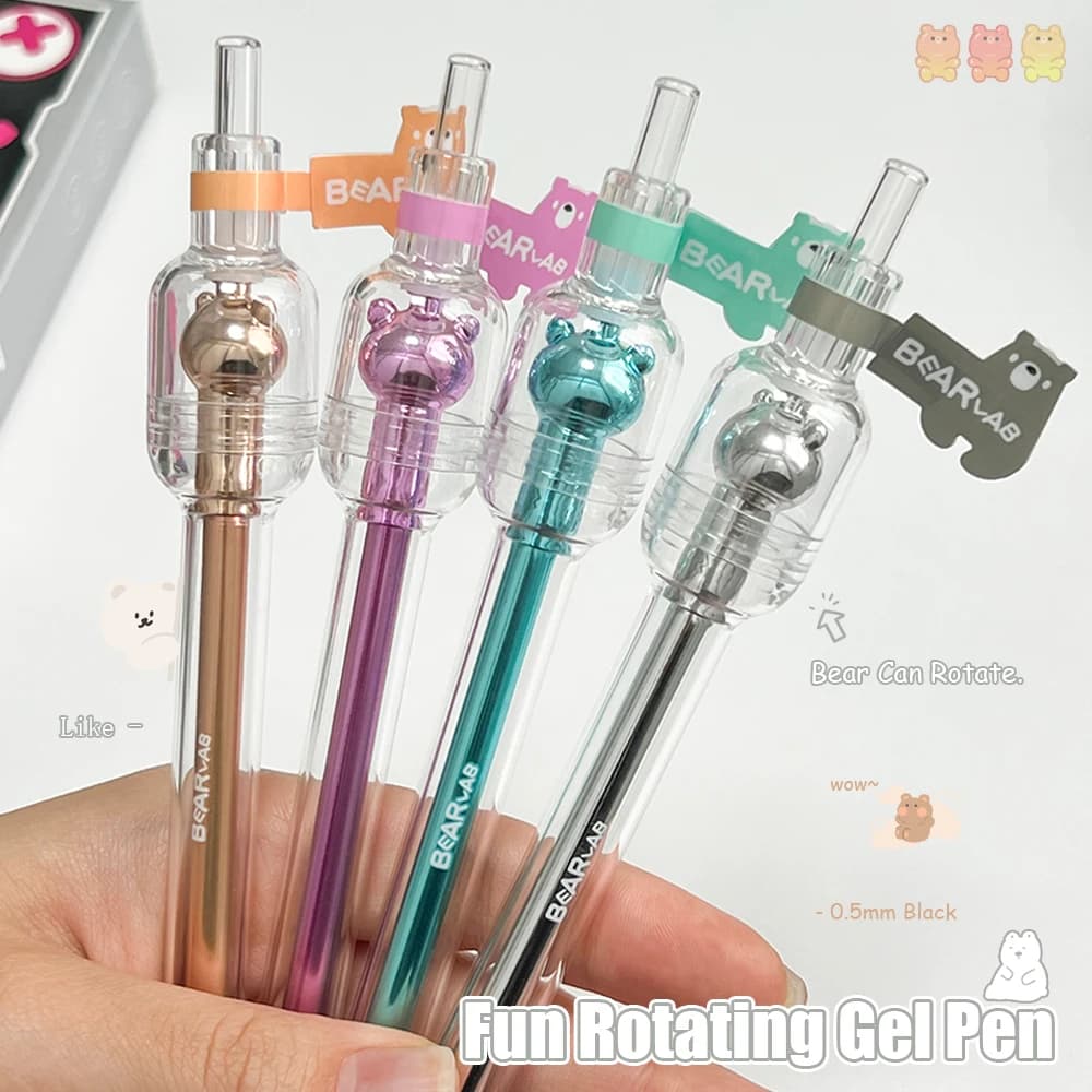 4 penne gel divertenti a forma di orso, 0,5 mm, creative, olografiche, ad asciugatura rapida, con animali carini, nere, per studio e ufficio