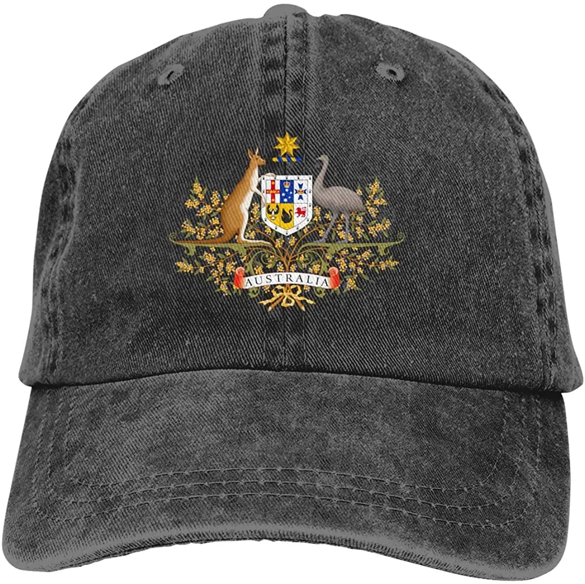 Denim Hat with Australian Distinctive, Bandiera con Canguro e Struzzo, Classic Adjustable Baseball Hat for Men and Women, Vissuto and Lavato Style