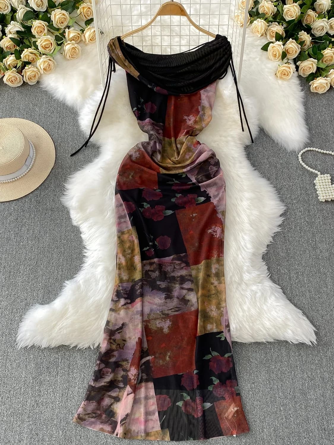 Summer Sexy Slimming Fish Tail Long Skirt One Shoulder Netting Dress Women's High Waist Print Commute Style Korean Version
