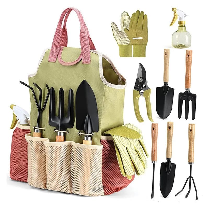 Set di 9 Attrezzi da Giardinaggio con Borsa Portaoggetti, Cesoie, Guanti, Flacone Spray, Utensili Manuali per la Cura delle Piante