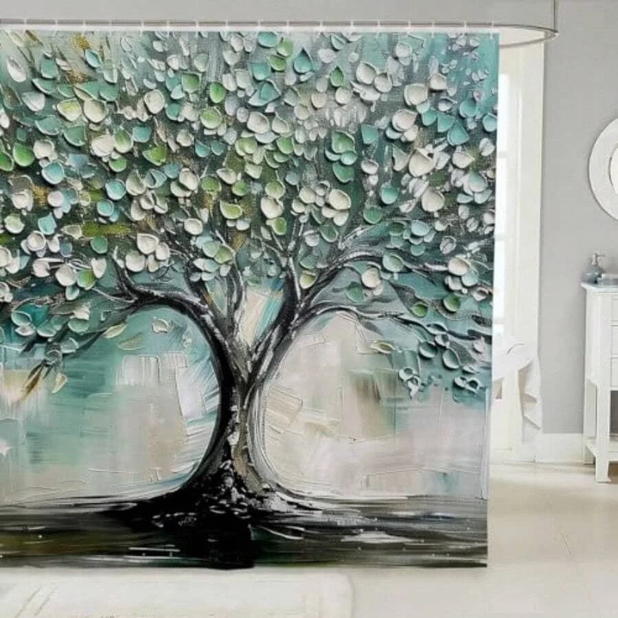 Hippie Tree Of Life Waterproof Bathroom Curtain Watercolor Oil Pinting Bath Curtain, Turqoise Teal Brown Shower Curtain Boho Br