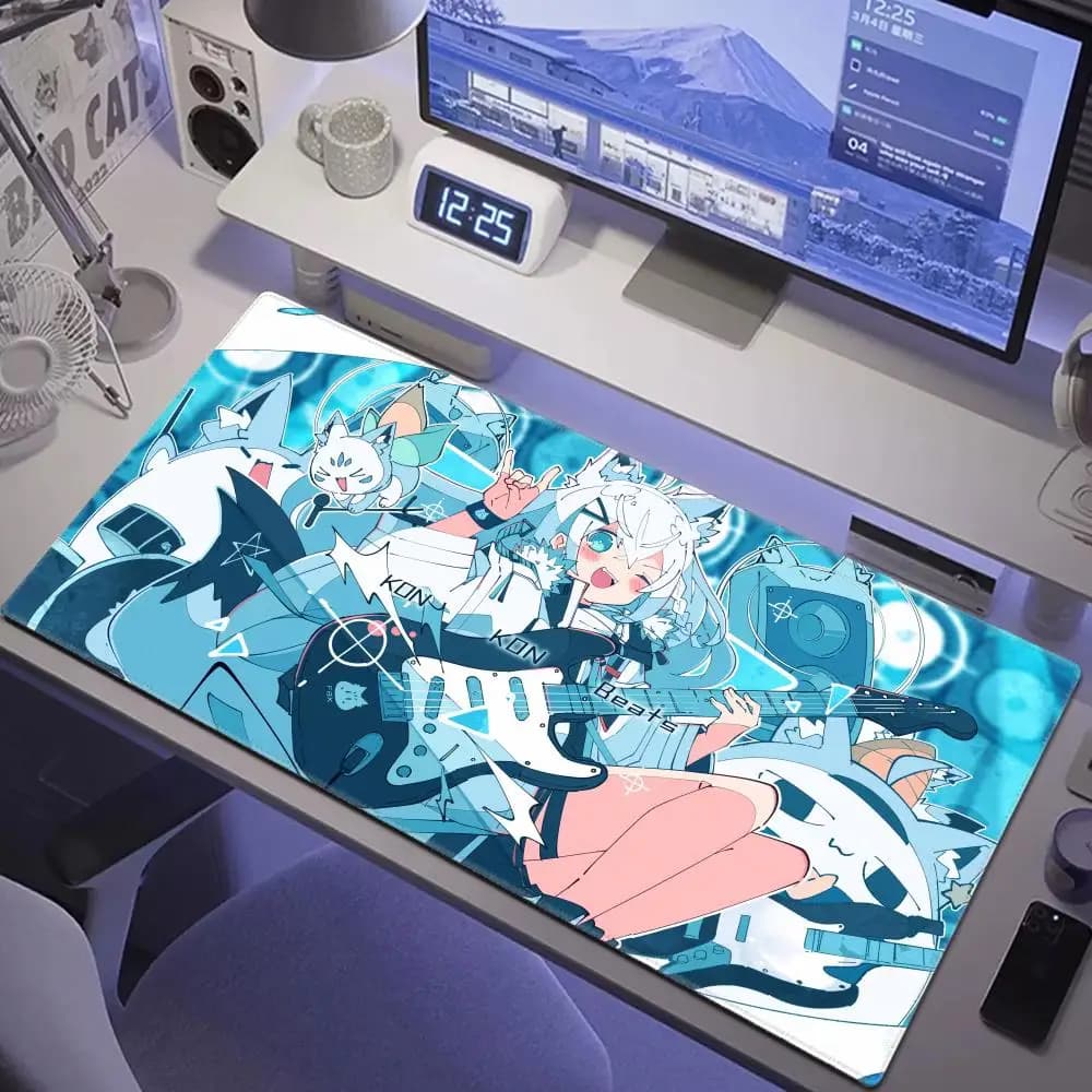 Tappetino per mouse da gaming, tappetino da scrivania, antiscivolo, bordi cuciti, stampa anime con orecchie di gatto e chitarra, tappetino esteso per tastiera per gamer e ufficio