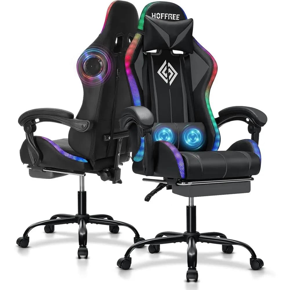 Sedia da Gaming Ergonomica con Schienale Alto, Altoparlanti Bluetooth, Luci LED RGB e Supporto Lombare in Grigio e Nero