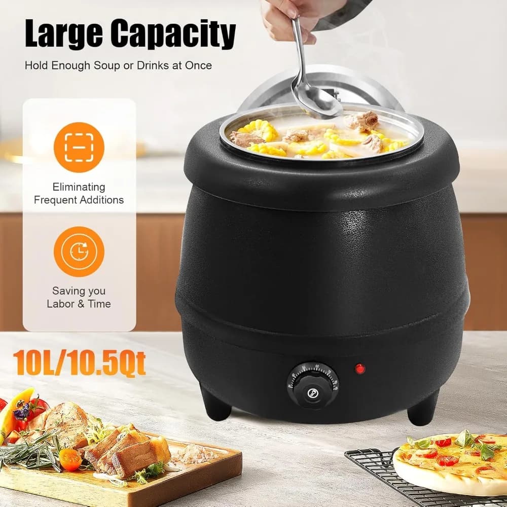 Bollitore per zuppa da 10 litri, bollitore per zuppa commerciale Scaldavivande elettrico da appoggio con coperchio incernierato in acciaio inossidabile e pentola con inserto staccabile