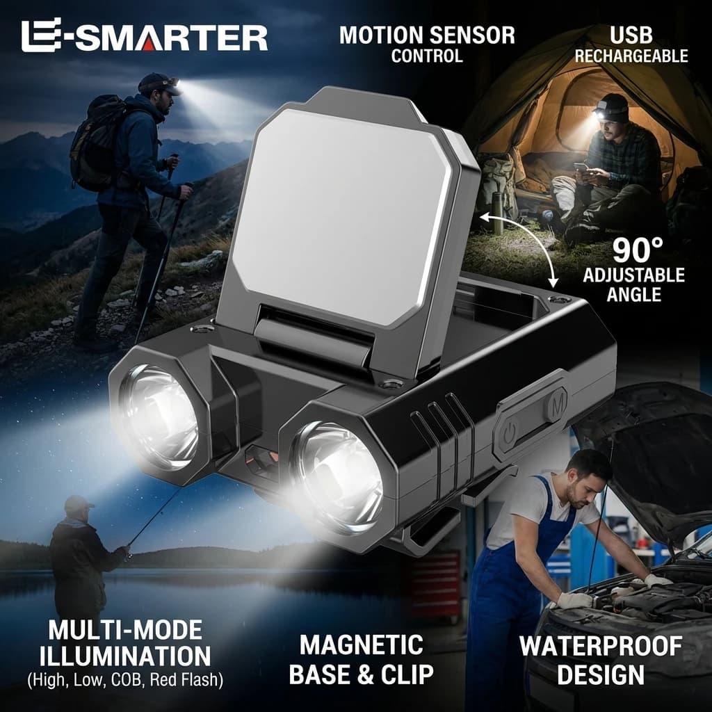 LED Light Rechargeable with Hat Sensor, Waterproof, for Camping, Night Fishing, Emergency, Mini Front Lamp